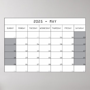Poster calendrier planificateur 2025 mai grand espace de