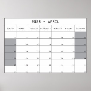 Poster calendrier planificateur avril 2025 grand espace d