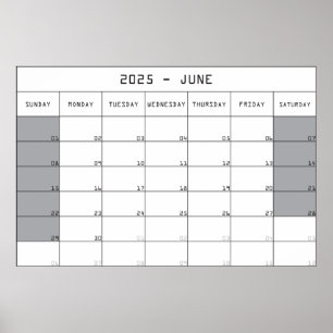 Poster calendrier planificateur juin 2025 grand espace de