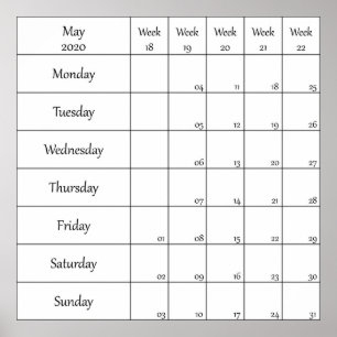 Poster calendrier planificateur mai 2020 avec numéro de s