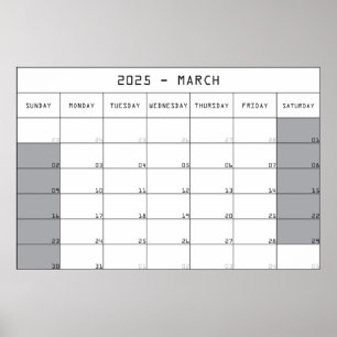 Poster calendrier planificateur mars 2025 grand espace de