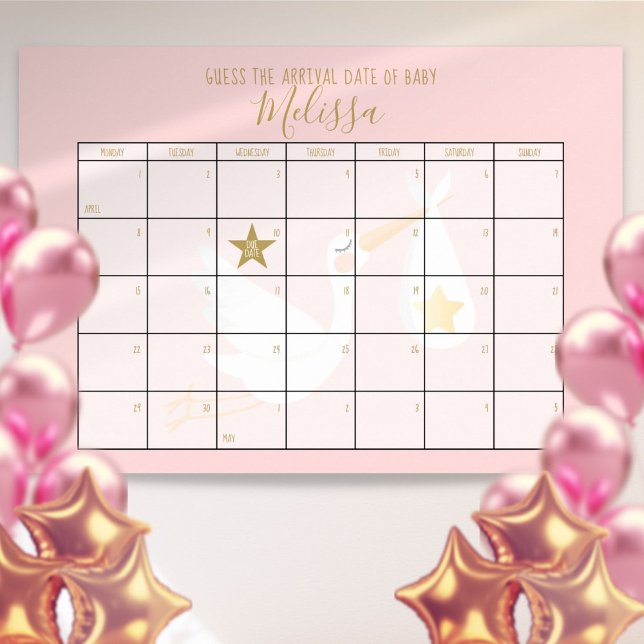 Poster Calendrier pour deviner la date prévue Rose Jeu de (Guess The Due Date Calendar Pink Baby Shower Game Poster)