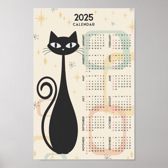 Poster Calendrier rétro atomique 2025 Chat noir milieu du (Devant)