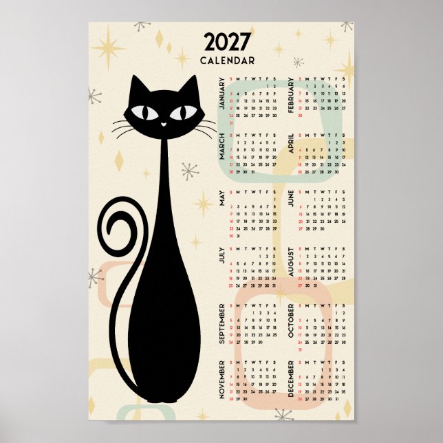 Poster Calendrier rétro atomique chat noir milieu du sièc (Devant)