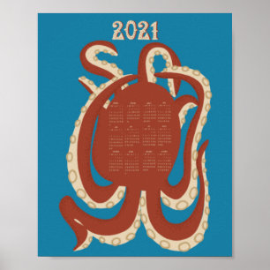 Poster Calendrier rouge et bleu octopus 2021