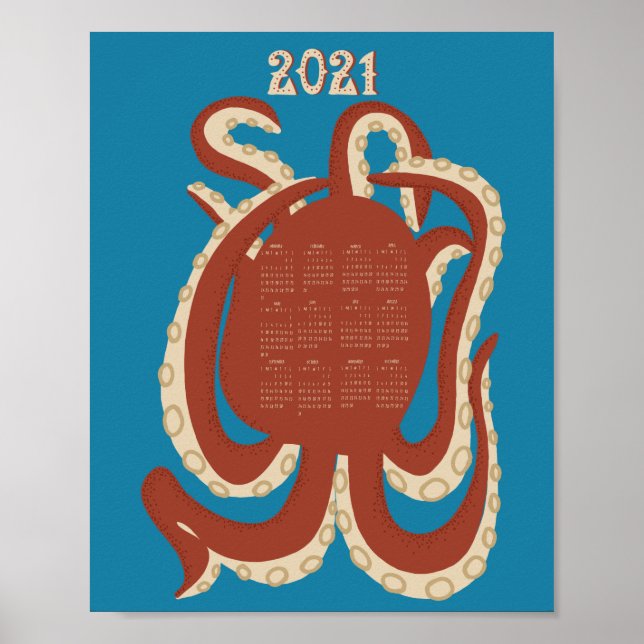 Poster Calendrier rouge et bleu octopus 2021 (Devant)