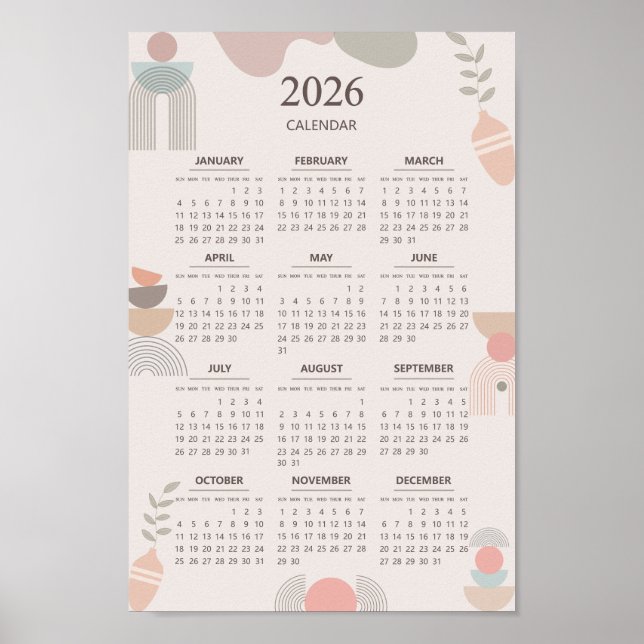 Poster Calendrier scandinave 2026 esthétique boho beige  (Devant)