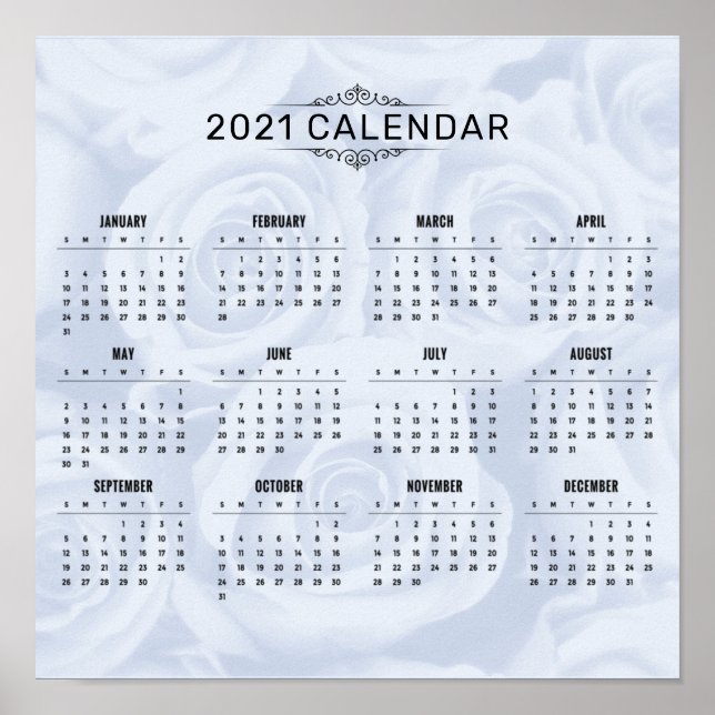 Poster Calendrier simple 2021 sur la florale blanche | Po (Devant)