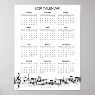 Poster Calendrier simple 2026 avec notes de musique   