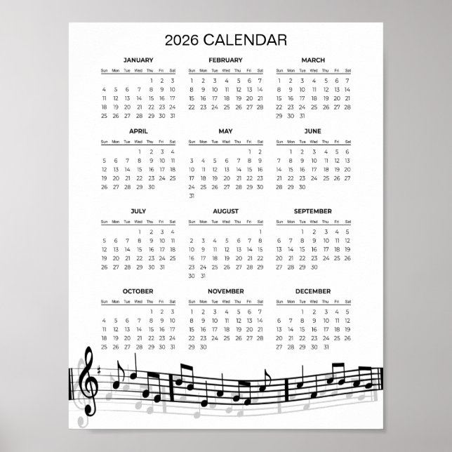 Poster Calendrier simple 2026 avec notes de musique |  (Devant)