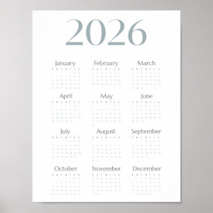 Poster Calendrier simple 2026 bleu-gris moderne sur une p
