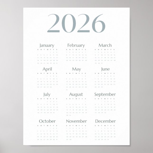 Poster Calendrier simple bleu-gris moderne 2026 sur une p (Devant)