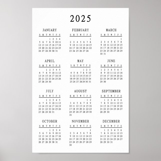 Poster Calendrier simple de base noir et blanc classique  (Devant)