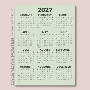Poster Calendrier Simple de Base Vert Sauge 2027