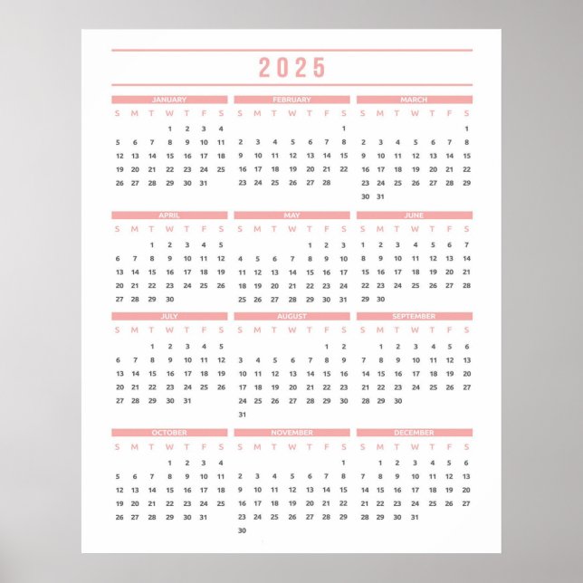 Poster Calendrier simple rose 2025 (Devant)