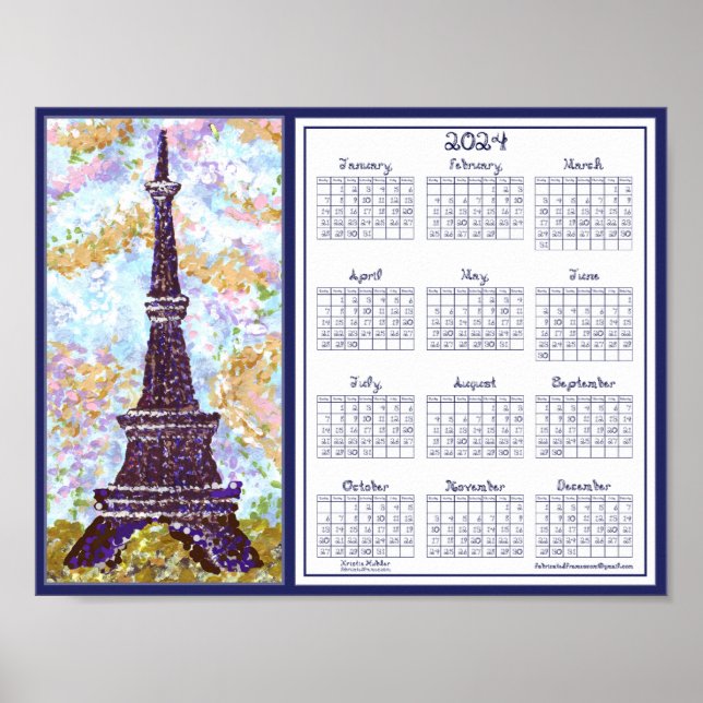 Poster Calendrier Tour Eiffel 2024 Paysage de la tour Eif (Devant)
