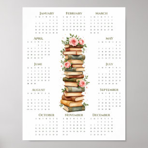 Poster Calendrier une page 2026 Livres anciens et roses