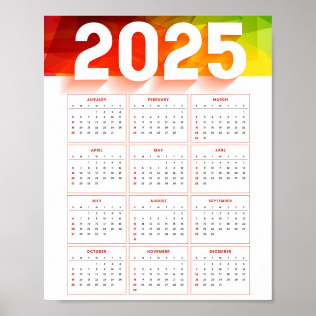 Poster Calendrier Vertical Minimal Annuel Complet 2025 (Devant)