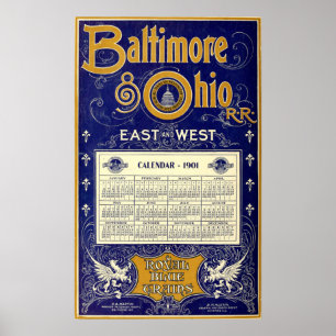 Poster Calendrier vintage Baltimore & Ohio Rail Road 1901