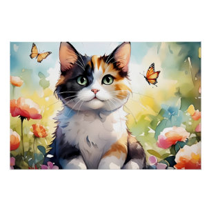 Poster Calico Cat dans le jardin de printemps avec papill
