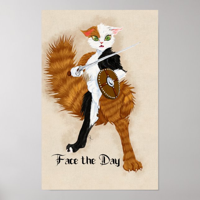 Poster Calico Cat Guerrier Grimalkin avec épée et Bouclie (Devant)