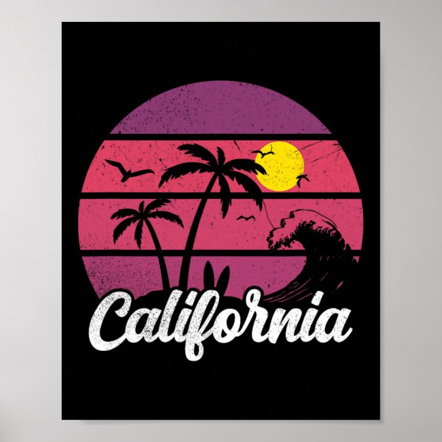 Poster California Retro Sunset Wave Surfboard Beach Surfi (Devant)