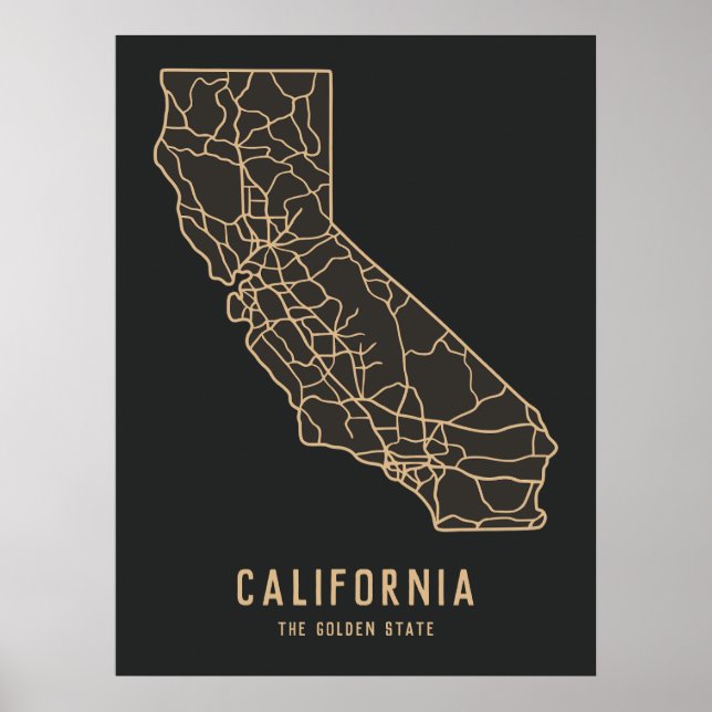 Poster California US State road map - golden state map (Devant)