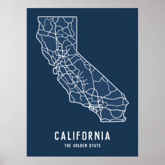 Poster California US State road map - golden state map
