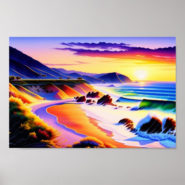Poster Californie Coastline Sunset Watercolor (Devant)