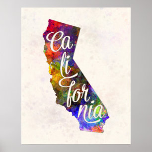 Poster Californie US State in watercolor text cut out