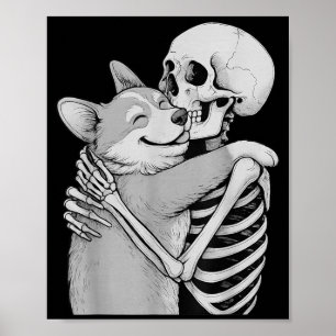 Poster Câlins de squelette de Corgi Halloween amateur de