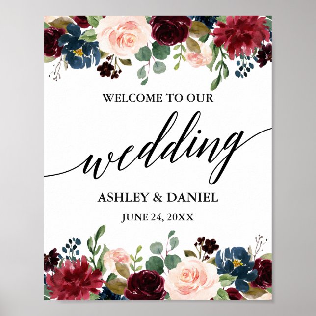 Poster Calligraphie Bourgogne Bleu Floral Mariage Bienven (Devant)