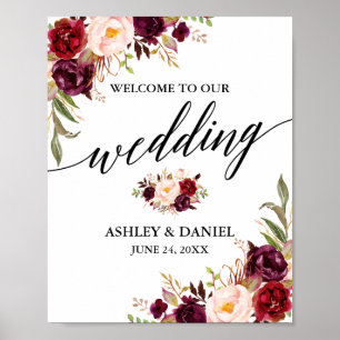 Poster Calligraphie Bourgogne Floral Mariage Bienvenue