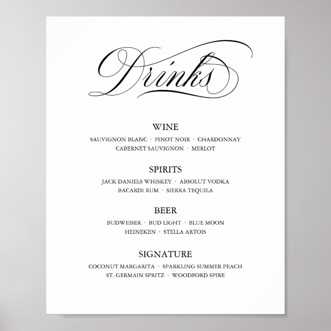 Poster Calligraphie Classic Elegant Wedding Bar Menu Sign (Devant)
