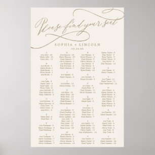 Poster Calligraphie d'or romantique Carte des sièges en