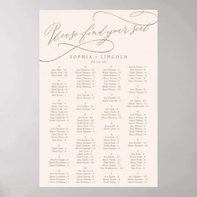 Poster Calligraphie d'or romantique | Carte des sièges en (Devant)