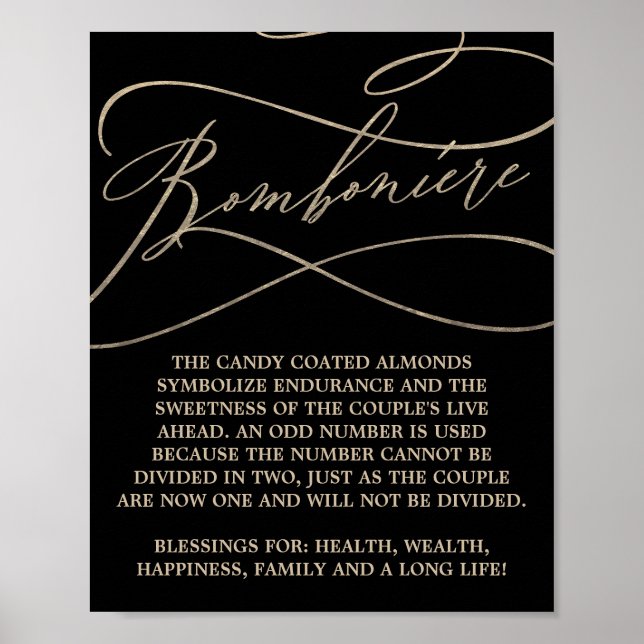 Poster Calligraphie d'or romantique Mariage noir Bombonie (Devant)