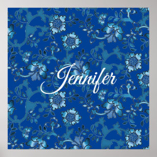Poster Calligraphie Elégant bleu Floral Nom personnalisé