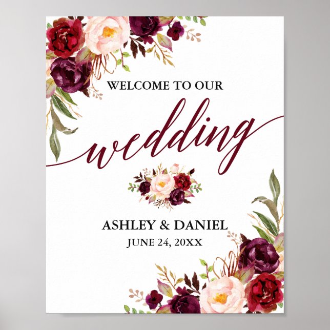 Poster Calligraphie Floral Bourgogne Mariage Bienvenue (Devant)