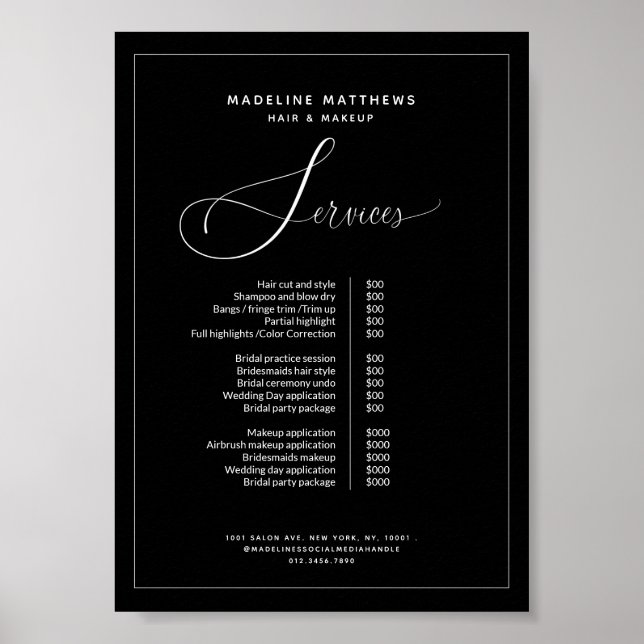 Poster Calligraphie moderne Salon noir blanc Liste des pr (Devant)