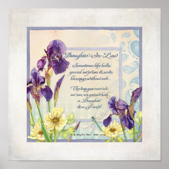 Poster Calligraphie Poème fille en droit Iris aquarelle (Devant)