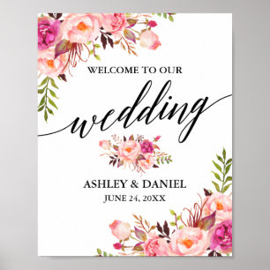 Poster Calligraphie Rose Blush Floral Mariage Bienvenue