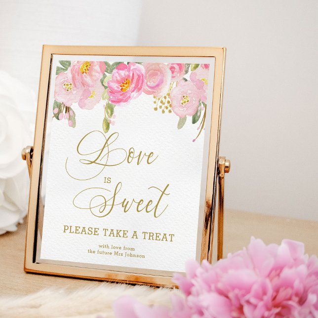 Poster Calligraphie Rose Doré Floral Prenez une Friandise (Favor sign from my Pink and Gold Watercolor Floral Bridal Shower Collection)