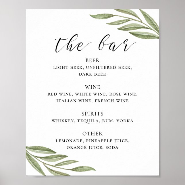 Poster Calligraphie verdoyante mariage boissons bar (Devant)