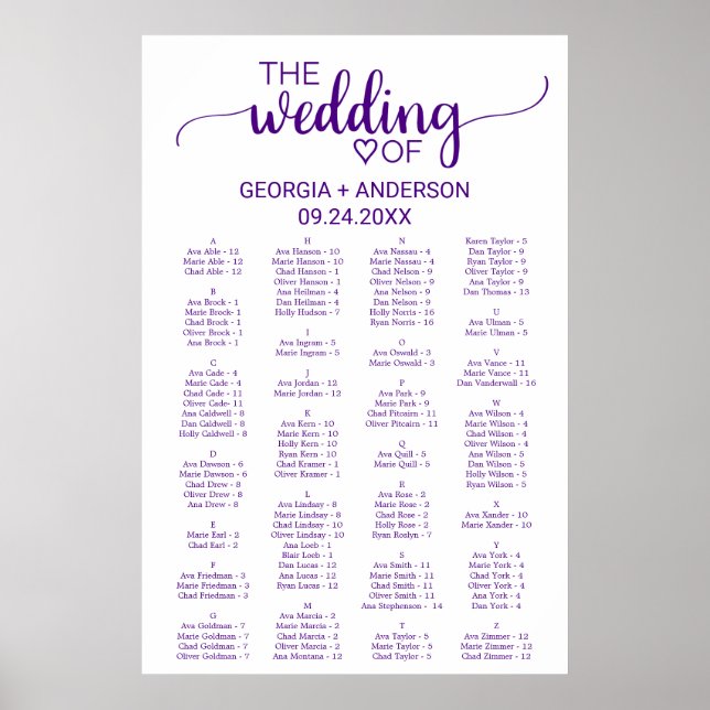 Poster Calligraphie violette Organigramme alphabétique (Devant)