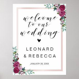 Poster Calligraphie Welcome mariage signe cadre rose