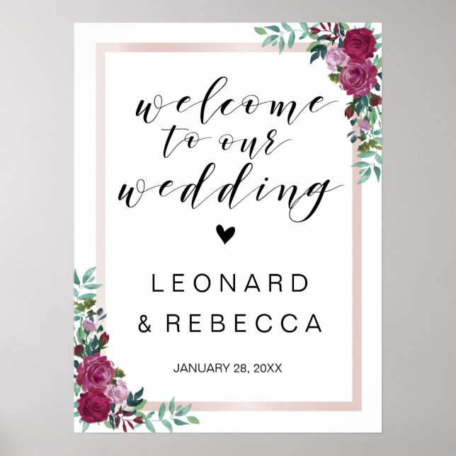 Poster Calligraphie Welcome mariage signe cadre rose (Devant)
