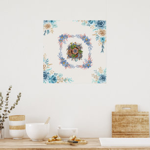 Poster Calme doux - Aquarelle Turquoise et rose