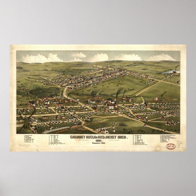Poster Calumet Michigan 1881 Antique carte panoramique (Devant)