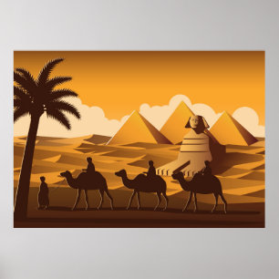 Poster Camels pass Pyramide